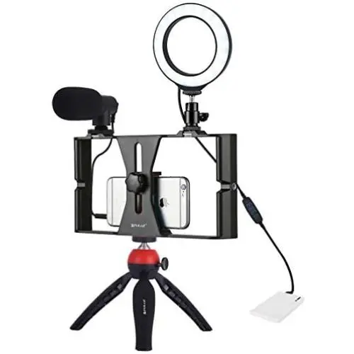 PULUZ 4 in 1 Vlogging Live Broadcast Smartphone Video Rig + 4.6 inch Ring LED Selfie Light Kits with Microphone + Tripod Mount + Cold Shoe Tripod Head for Smart Phone (Red) PULUZ 4 in 1 Vlogging Live Broadcast Smartphone Video Rig + 4.6 inch Ring LED Selfie Light Kits with Microphone + Tripod Mount + Cold Shoe Tripod Head for Smart Phone (Red)