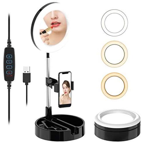 6.3" LED Ring Light with Makeup Mirror; Adjustable Height Stand Selfie Ring Light with Rotating Phone Holder; 3 Color Modes and 10 Brightness Levels for YouTube Video/Live Stream/Photography