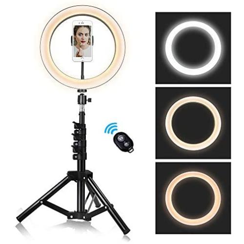 10-inch Ring Light with Tripod Stand Adjustable [15-47 inches],Dimmable Camera Lights with Cell Phone Holder for YouTube Makeup Video,3 Color Setting 3000K-6000K