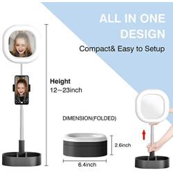 CameCosy Selfie LED Light with Tripod Stand +Foldable Beauty Mirror+Cell Phone Holder, Adjustable Brightness Fill Light for Makeup/Camera Video/YouTube, Compatible with iPhone/Android.-Black