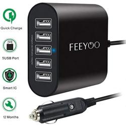 USB Car Charger, FEEYOO 45W 5-Ports Fast USB Car Charger 12V-24V Multiple USB Car Phone Charger with Smart Identification for iPhone 11/Xs/XR/X/8/7/6, iPad Pro/Air/Mini, Kindle Tablet and More, Black