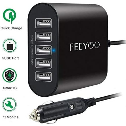 USB Car Charger, FEEYOO 45W 5-Ports Fast USB Car Charger 12V-24V Multiple USB Car Phone Charger with Smart Identification for iPhone 11/Xs/XR/X/8/7/6, iPad Pro/Air/Mini, Kindle Tablet and More, Black