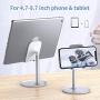 Cell Phone Stand for Desk - FLOVEME Phone Holder Stand for Desktop Adjustable Angle Compatible for iPhone 11 Pro Max, Android Smartphone, Aluminum + ABS, Silver Color, 4-7.9inch