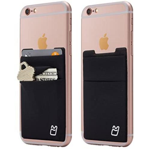 (Two) Stretchy Cell Phone Stick on Wallet Card Holder Phone Pocket for iPhone, Android and All Smartphones. (Black)