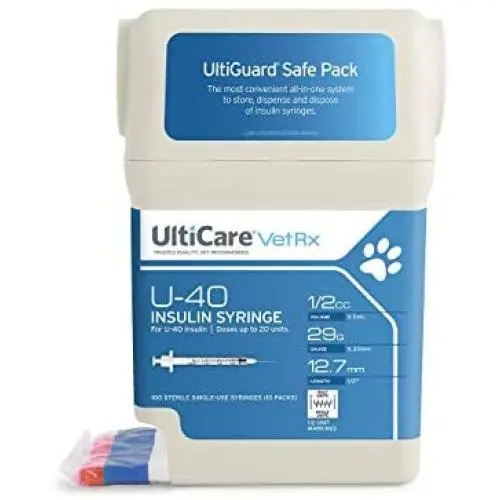 UltiCare VetRx U-40 UltiGuard Safe Pack Pet Insulin Syringes 1/2cc, 29G x 1/2", 100 ct UltiCare VetRx U-40 UltiGuard Safe Pack Pet Insulin Syringes 1/2cc, 29G x 1/2", 100 ct