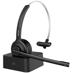 Mpow M5 Pro Bluetooth Headset with Microphone, Wireless Headphones for Cell Phone, Noise Canceling Headset with Charging Base for PC, Laptop, Truck Driver, Office, Call Center, Skype