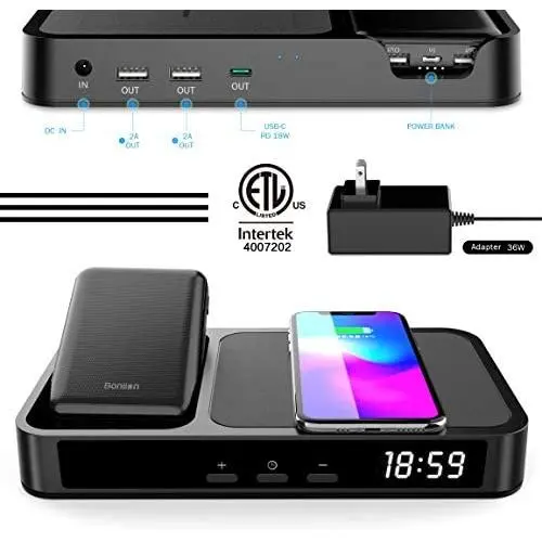 Wireless Charger, 6 in 1 Bedside Charging Station with Alarm Clock, BONLION 3 Coils Qi 10W Wireless Charging Pad & Power Bank Charging Dock with 18W PD USB-C & 2 USB-A for iPhone, Galaxy(ETL Adapter Wireless Charger, 6 in 1 Bedside Charging Station with Alarm Clock, BONLION 3 Coils Qi 10W Wireless Charging Pad & Power Bank Charging Dock with 18W PD USB-C & 2 USB-A for iPhone, Galaxy(ETL Adapter