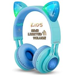 Kids Headphones, Riwbox CT-7S Cat Ear Bluetooth Headphones 85dB Volume Limiting,LED Light Up Kids Wireless Headphones Over Ear with Microphone for iPhone/iPad/Kindle/Laptop/PC/TV(Blue&Green)