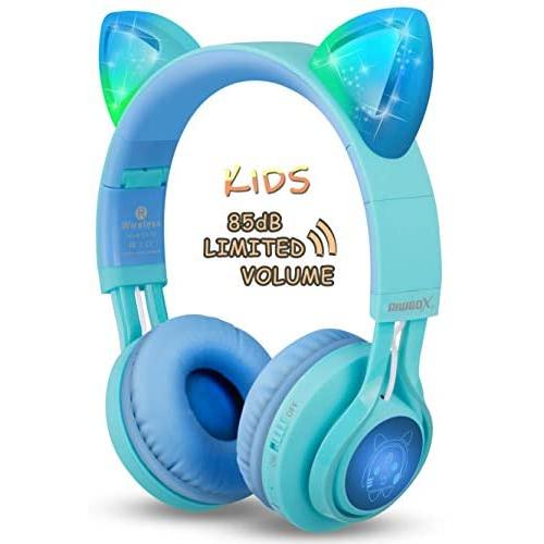 Kids Headphones, Riwbox CT-7S Cat Ear Bluetooth Headphones 85dB Volume Limiting,LED Light Up Kids Wireless Headphones Over Ear with Microphone for iPhone/iPad/Kindle/Laptop/PC/TV(Blue&Green)