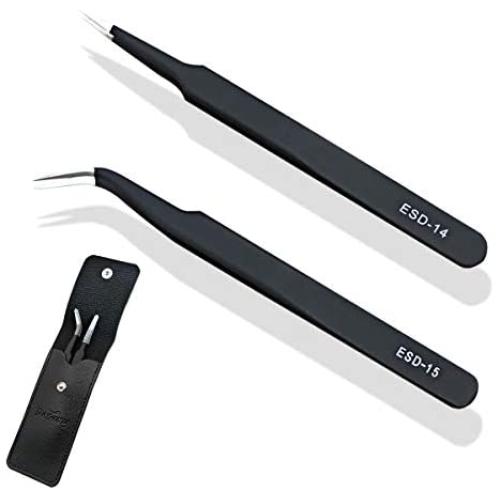 ESD Anti Static Precision Electronics Tweezers Tools Kit, Non Magnetic Multi-Standard Stainless Steel Tweezer Set for Electronics Jewelry-Making Repairing and Cell Phone Repair,2pack (ESD-14&15)