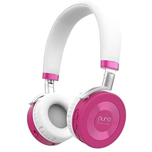 JuniorJams Volume Limiting Headphones for Kids 3+ Protect Hearing – Foldable & Adjustable Bluetooth Wireless Headphones for Tablets, Smartphones, PCs – 22-Hour Battery Life by Puro Sound Labs, Pink