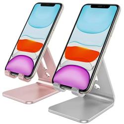 Cell Phone Stand, OMOTON [2 Pack] Phone Holder for Desk, Aluminum Mobile Phone Cradle Dock Compatible with All iPhone and Android Smartphone (Silver&Rose Gold)