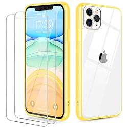 OULUOQI Compatible with iPhone 11 Pro Max Case 2019,Tempered Glass Screen Protector [2Pack] with Shockproof Clear Case for iPhone 11 Pro Max 6.5 inch.(Yellow)