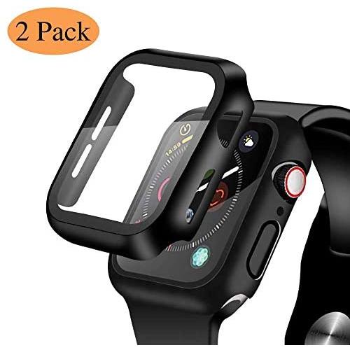 [2 Pack] Compatible for Apple Watch 44mm Series 5 Series 4 Tempered Glass Screen Protector with Black Bumper Case, YMHML Full Coverage Easy Installation Bubble-Free Cover for iWatch Accessories