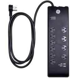 GE UltraPro Surge Protector, 10 Outlet Power Strip, 2 USB Charging Ports, Extra Long 6ft Extension Cord, 3 Prong, Grounded, Flat Plug, 3000 Joules, UL Listed, Black, 14096