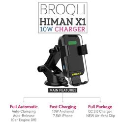 BROQLI Fast Wireless Car Charger Mount Kit, One Touch Automatic Clamping Qi Cell Phone 10W Power Charging Air Vent Dashboard Holder iPhone X/Xs Max/XR/8/8+,Galaxy S10/S10+/S9/S9+/S8/S8+ (HIMAN Black)