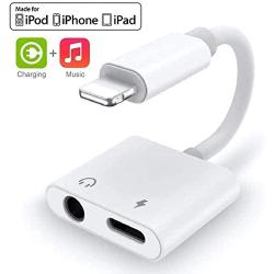 [Apple MFi Certified] for iPhone Headphones Adapter, 2 in 1 Lightning to 3.5mm Headphone Audio & Charger Compatible for iPhone 11/11 Pro/X/XR/XS/8, iPad, Support All iOS + Sync +Music Control