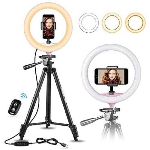 10" Selfie Ring Light with 50" Extendable Tripod Stand & Flexible Phone Holder for Live Stream/Makeup, UBeesize Mini Led Camera Ringlight for YouTube Video, Compatible with iPhone/Android (Pink)