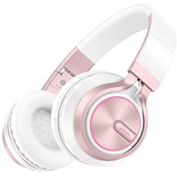 Picun Wireless Headphones 25 Hours Playtime Girls Romantic LED Bluetooth V5.0 Headphones, Hifi Bass Foldbale Headset with HD Mic, Soft Earmuff, Wired & TF Mode for Kids Women(Rose Gold)