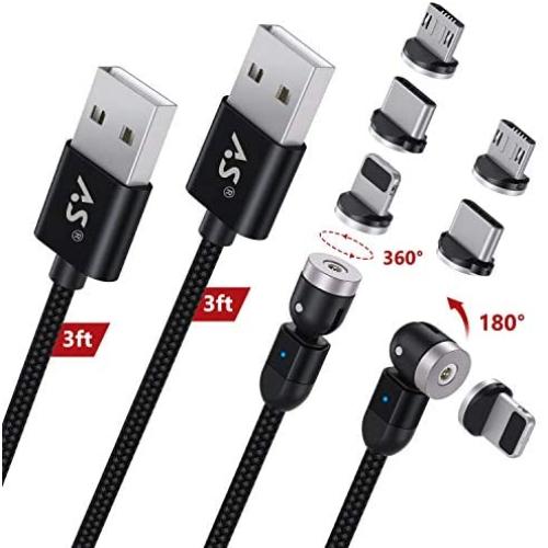 A.S 3 in 1 Magnetic Phone Charger Cable, 360° & 180° Rotation Magnetic Charging Cable, Compatible with Micro USB, Type C and iProduct 2 Pack (Black, 3ft+3ft)