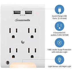 DEWENWILS Multi Outlet Adapter with 2 USB Charging Ports (3.1A total), Light Sensor LED Night Light, 4 Outlets Wall Plug Extender for Travel/Home, 1080 Joules Surge Protector, ETL Listed, White