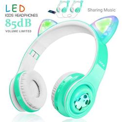 WOICE Bluetooth Headphones, Cat Ear LED Light Up Wireless Foldable Headphones Over Ear with Mic, Music Sharing Function and 85db Limited for iPhone/iPad/Smartphones/Laptop/PC(Mint)