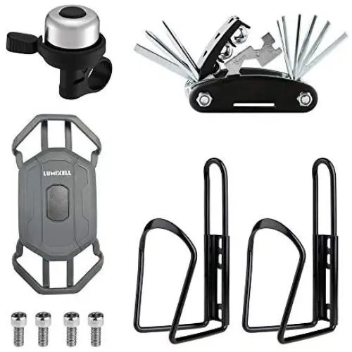 LUMIXELL Universal Bike Phone Mount with Quick Release for Any Smart Phone,Aluminum Bicycle Bell,Bicycle Water Bottle Cage for MTB Road Bike with Multi Functional Repair Tool LUMIXELL Universal Bike Phone Mount with Quick Release for Any Smart Phone,Aluminum Bicycle Bell,Bicycle Water Bottle Cage for MTB Road Bike with Multi Functional Repair Tool