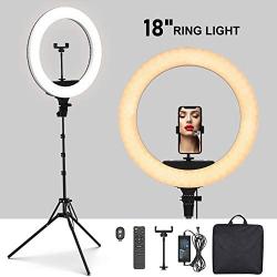 PoplarTrees Ring Light 18’’ with Tripod Stand and Phone Holder, Bluetooth/Remote Control 3200-5500K Dimmable LED Lamps, Makeup Ring Light for YouTube TikTok, Live Stream, Including Carrying Bag