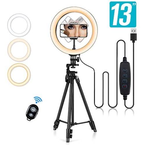 13" Selfie Ring Light with Tripod Stand & Cell Phone Holder for Live Stream/Makeup, Ringlight with Camera Remote for YouTube Tiktok/Photography,164PCS LED Chip Compatible for iPhone 11 Pro MAX Android