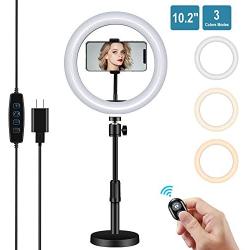 NovoLido 10.2" LED Selfie Ring Light with Desktop Stand Adjustable & Phone Holder for Makeup/Live Stream/YouTube Video/Photography, 3 Color Modes & 10 Brightness, Bluetooth Remote, 360° Rotation