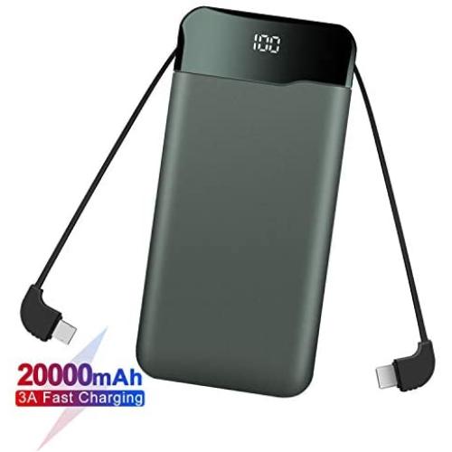 Portable Charger Power Bank 20000mAh Built in Cables Fast Charging 3A Battery Charger with Tri-Input and Four-Output,LCD Display External Battery for Smart Phone, Android, Tablet and More(Green)