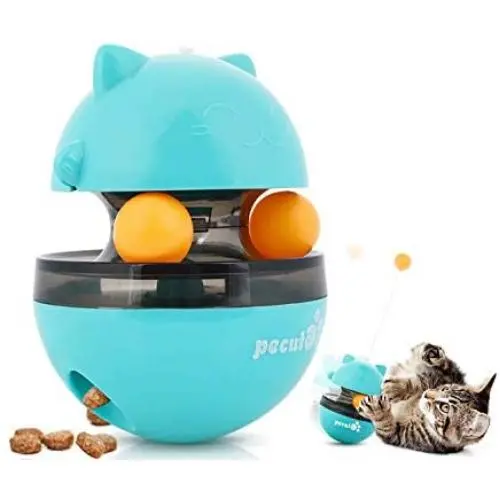Pecute Cat Toy Interactive Cat Tumbler Toy Ball Pet Treat Leaking Toy with Dual Rolling Balls & Teasing Wand for Cats Kitten Puppy Exercise