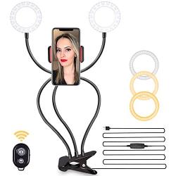 Selfie Ring Light with Cell Phone Holder, Clamp-on Flexible Gooseneck Arms, 3 Light Modes, 10 Brightness Levels, Compatible with Smart Phones for Ins, YouTube, Facebook (Black)