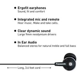 Panasonic ErgoFit Earbud Headphones with Microphone and Call Controller Compatible with iPhone, Android and Blackberry - RP-TCM125-K - In-Ear (Black), Earpads S/M/L