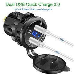 Quick Charge 3.0 Dual USB Car Socket with Touch Switch and LED Digital Voltmeter, Waterproof 36W 12V/24V Fast Charger Socket with 3.3ft Wire 10A Fuse for Marine, Boat, Motorcycle, Truck and More