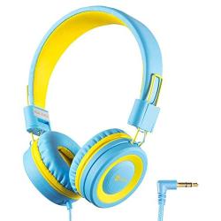 iClever HS14 Kids Headphones for Boys Girls- Wired Headphones for Kids with 94dB Volume Control, Tangle-Free Cord, Foldable, Childs Headphones for iPad Tablet Kindle Airplane School - Blue/Yellow