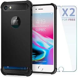 SUPBEC iPhone 7/8 Case with Card Holder and [ Screen Protector Tempered Glass x2Pack] Protective Ultra-Thin-Slim Cover with Silicone TPU Shockproof Rubber Wallet Case for iPhone7 / iPhone8-Black