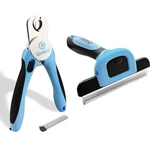 Gonicc Dog & Cat Pets Nail Clippers and Grooming Brush. Nail Clippers with Safety Guard to Avoid Over Cutting, Free Nail File. Dog Brush Effectively Reduces Shedding by Up to 95%. Professional Groomin