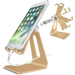 POKANIC Cell Phone Stand Dock Holder Cradle Mount Organizer Charger StationTable, Desktop Bed Office School Kitchen Travel Foldable Portable Adjustable, Multi-Angle Aluminum Non-Slip, Kids (Gold)