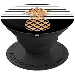 Golden Pineapple On Stripes White And Black Design PopSockets Grip and Stand for Phones and Tablets