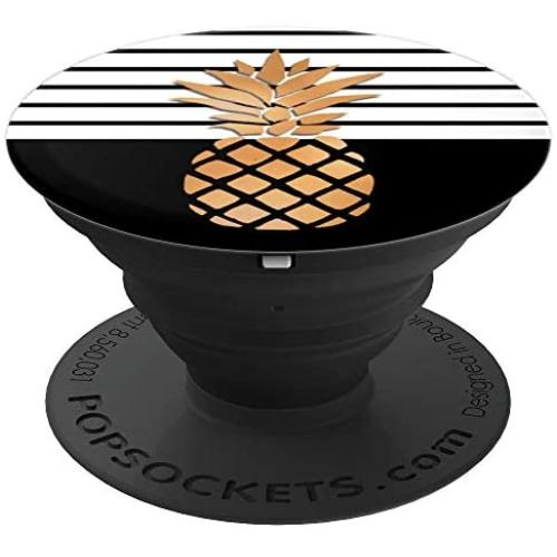 Golden Pineapple On Stripes White And Black Design PopSockets Grip and Stand for Phones and Tablets