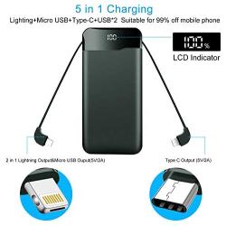 Portable Charger Power Bank 20000mAh Built in Cables Fast Charging 3A Battery Charger with Tri-Input and Four-Output,LCD Display External Battery for Smart Phone, Android, Tablet and More(Green)