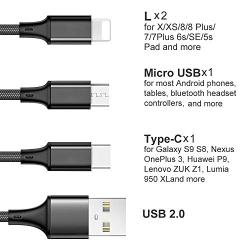 Multi Charging Cable, Multi Charger Cable 2Pack 4FT Nylon Braided Universal 4 in 1 Multiple USB Cable Fast Charging Cord Adapter with Type-C, Micro USB Port Connectors for Cell Phones Tablets and More