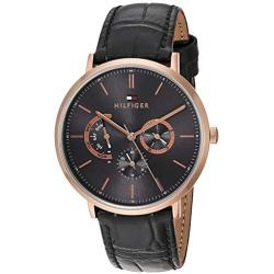 Tommy Hilfiger Mens Gold Quartz Watch with Leather Calfskin Strap, Black, 20 (Model: 1710377)