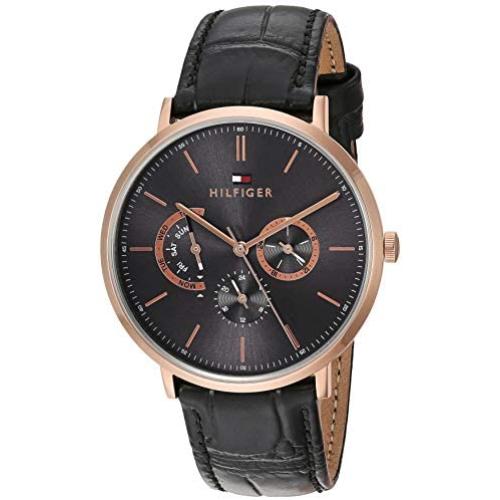 Tommy Hilfiger Mens Gold Quartz Watch with Leather Calfskin Strap, Black, 20 (Model: 1710377)