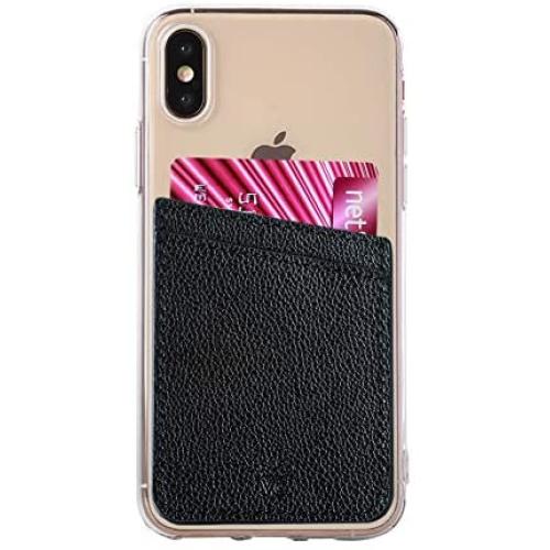 Cell Phone Wallet Stick on Credit Card Holder for Back of Phone [Vegan Leather] Cards Sleeve Pocket, Adhesive Sticker Compatible with iPhone, Most Cases - Black