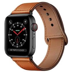 KYISGOS Compatible with iWatch Band 44mm 42mm, Genuine Leather Replacement Band Strap Compatible with Apple Watch Series 5 4 3 2 1 42mm 44mm, Brown Band with Black Adapter