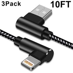 90 Degree iPhone Charger 10 FT Braided Lightning Cable 3 Pack Right Angle Charging & Syncing Cord Compatible with iPhone/XS/XR/X/8/7/6/iPad etc.(Black White,10ft)