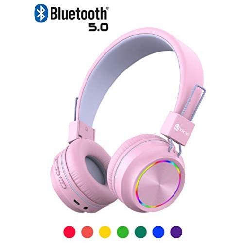 iClever BTH03 Kids Wireless Headphones, Colorful LED Lights Kids Headphones with MIC, 25H Playtime, Stereo Sound, Bluetooth 5.0, Foldable, Childrens Headphones on Ear for Study Tablet Airplane, Pink