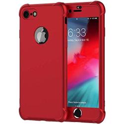 ORETECH iPhone 7 Case,iPhone 8 Case with[2 x Tempered Glass Screen Protectors] 360° Full Body Anti-Scratch Protection Cover Hard PC + Soft Rubber Silicone for iPhone 7/8-4.7- Metallic Red